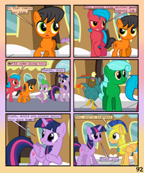 Size: 900x1080 | Tagged: safe, artist:lister-of-smeg, imported from derpibooru, flash sentry, spike, twilight sparkle, oc, oc:crosspatch, oc:lazybug, oc:scavenger (lister-of-smeg), oc:winter squash, alicorn, cockatrice, earth pony, pegasus, pony, comic:crystal heart attack, colt, comic, female, male, mare, twilight sparkle (alicorn)