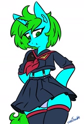 Size: 1363x2008 | Tagged: dead source, safe, artist:cutejosuke, imported from derpibooru, oc, oc only, oc:pixel bit, anthro, unicorn, clothes, crossover, female, flat colors, kill la kill, panties, school uniform, senketsu, simple background, socks, thigh highs, underwear, uniform, ych result