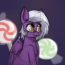 Size: 1400x1400 | Tagged: safe, artist:fezan, deleted from derpibooru, derpibooru exclusive, imported from derpibooru, oc, oc only, oc:nighty cloud, bat pony, :p, bat ponified, candy, chest fluff, colored pupils, cute, cute little fangs, ear fluff, fangs, female, food, halloween, holiday, mare, race swap, silly, solo, tongue out, wings