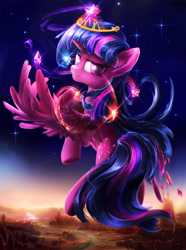 Size: 4500x6060 | Tagged: safe, artist:coldrivez, imported from derpibooru, twilight sparkle, twilight sparkle (alicorn), alicorn, pony, absurd resolution, element of generosity, element of honesty, element of kindness, element of laughter, element of loyalty, element of magic, elements of harmony, female, flying, looking at you, looking back, smiling, solo