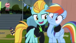 Size: 1077x606 | Tagged: safe, imported from derpibooru, screencap, lightning dust, rainbow dash, the washouts (episode), cheek to cheek, clothes, discovery family logo, duo, hoof around neck, uniform, washouts uniform