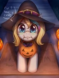 Size: 1900x2500 | Tagged: safe, artist:evomanaphy, imported from derpibooru, oc, oc only, oc:veleya, pony, blushing, cute, dialogue, doorstep, evomanaphy is trying to murder us, fangs, female, filly, halloween, halloween costume, hat, holiday, jack-o-lantern, looking at you, ocbetes, offspring, parent:oc:arus, parent:oc:hazy, parents:harus, parents:oc x oc, patreon, patreon reward, pumpkin, pumpkin bucket, solo, speech bubble, trick or treat, trick or treating