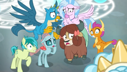 Size: 1280x720 | Tagged: safe, imported from derpibooru, screencap, cozy glow, gallus, ocellus, sandbar, silverstream, smolder, yona, changedling, changeling, classical hippogriff, dragon, earth pony, griffon, hippogriff, pony, yak, school raze, bow, chest fluff, claws, cloven hooves, crown, cutie mark, dragoness, female, floppy ears, flying, hair bow, hand over mouth, hoof over mouth, jewelry, magic, magic circle, male, monkey swings, paws, reaction image, regalia, scared, shocked, student six, tail, teenager, toes, uh oh, wings