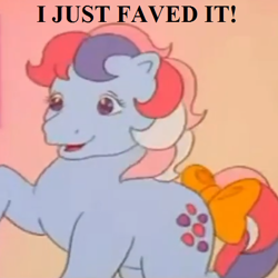 Size: 504x504 | Tagged: safe, edit, edited screencap, imported from derpibooru, screencap, sweet stuff, my little pony 'n friends, sweet stuff and the treasure hunt, bow, cropped, cute, g1, happy, reaction image, sweet sweet stuff, tail bow, text