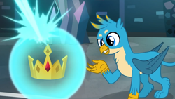 Size: 1280x720 | Tagged: safe, imported from derpibooru, screencap, gallus, griffon, school raze, chest fluff, claws, crown, crown of grover, jewelry, male, paws, raised claw, raised eyebrow, regalia, solo, tail, wings