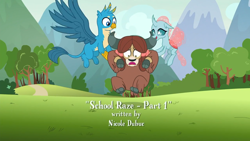 Size: 1280x720 | Tagged: safe, imported from derpibooru, screencap, gallus, ocellus, yona, changedling, changeling, griffon, yak, school raze, bow, cloven hooves, female, flying, hair bow, male, monkey swings, nicole dubuc, paws, wings