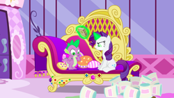 Size: 1440x810 | Tagged: safe, imported from derpibooru, screencap, rarity, spike, dragon, pony, unicorn, inspiration manifestation, book, carousel boutique, couch, dark magic, duo, fainting couch, female, glowing eyes, inspirarity, inspiration manifestation book, looking down, magic, male, mare, narrowed eyes, pillow, possessed, sitting, smiling, telekinesis, throw pillow