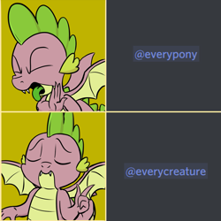 Size: 835x835 | Tagged: safe, artist:pony-berserker edits, edit, imported from derpibooru, spike, dragon, @everyone, comic, discord (program), drake, everycreature, everypony, eyes closed, fangs, frown, male, meme, open mouth, pointing, politically correct, smiling, solo, spread wings, technically correct, tongue out, wat, winged spike, wings