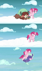 Size: 1280x2160 | Tagged: safe, edited screencap, imported from derpibooru, screencap, bifröst, night view, yona, earth pony, pegasus, pony, yak, school raze, background pony, cloud, comic, cutie mark, falling, falling through clouds, female, flying, friendship student, holding a pony, hooves, mare, on a cloud, peril, raised hoof, screencap comic, spread wings, standing, standing on a cloud, standing on cloud, wings