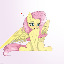 Size: 3300x3300 | Tagged: safe, artist:maneingreen, imported from derpibooru, fluttershy, pegasus, pony, blushing, chest fluff, cute, cute little fangs, fangs, female, heart, solo, wings, wolf teeth