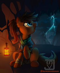 Size: 894x1080 | Tagged: safe, artist:jedayskayvoker, imported from derpibooru, oc, oc only, earth pony, pony, astraphobia, clothes, commission, female, lamp, lightning, looking back, mare, open mouth, patreon, patreon logo, raised hoof, scared, sitting, solo, surprised, ych result