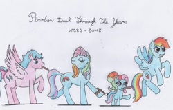 Size: 1588x1011 | Tagged: safe, artist:kuroneko, derpibooru exclusive, imported from derpibooru, firefly, rainbow dash, rainbow dash (g3), earth pony, pegasus, pony, 35th anniversary, bow, colored pencil drawing, female, filly, foal, g1, g1 to g4, g3, g3 to g4, g3.5, g3.5 to g4, g4, generation leap, generational ponidox, mare, mouth hold, paintbrush, simple background, tail bow, traditional art, white background