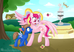 Size: 5069x3559 | Tagged: safe, artist:raspberrystudios, imported from derpibooru, oc, oc only, oc:aurelia charm, oc:midnight luna, alicorn, alicorn oc, cutie mark, cutiespark, fountain, patreon, patreon reward, shading, tree