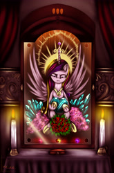 Size: 3377x5120 | Tagged: safe, artist:darksly, imported from derpibooru, princess cadance, alicorn, pony, altar, candle, crystal heart, female, fire, holding, hoof shoes, painting, solo