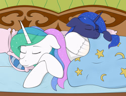 Size: 1908x1448 | Tagged: safe, artist:kirr12, imported from derpibooru, princess celestia, princess luna, alicorn, pony, bed, blanket, crossed hooves, cuddling, duo, female, mare, pillow, pony pillow, royal sisters, sleeping, stars