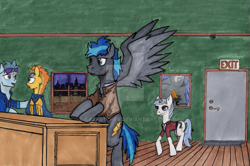 Size: 1023x681 | Tagged: safe, artist:casketches, imported from derpibooru, soarin', spitfire, oc, oc:avira penner, oc:cerulean aura, oc:skye stormryder, bat pony, pegasus, pony, unicorn, bar, bat pony oc, horn, night, traditional art, walking, wings