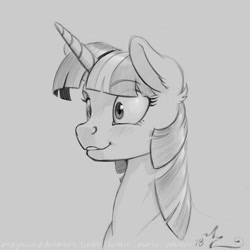 Size: 900x900 | Tagged: safe, artist:amarynceus, imported from derpibooru, twilight sparkle, pony, unicorn, female, gray background, mare, monochrome, simple background, sketch, smiling, solo