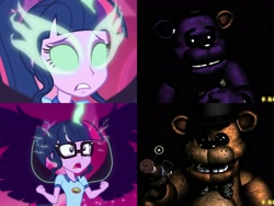 Size: 2560x1920 | Tagged: safe, edit, imported from derpibooru, screencap, sci-twi, twilight sparkle, equestria girls, legend of everfree, 3d, comparison, crossover, five nights at freddy's, freddy fazbear, midnight sparkle, shadow freddy, source filmmaker, the mind electric, thehottest dog, white eyes