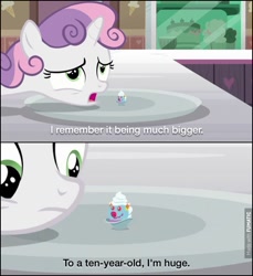 Size: 604x659 | Tagged: safe, edit, edited screencap, imported from derpibooru, screencap, sweetie belle, forever filly, captain hook, caption, comic, filly clown suprise, food, hook, hook (movie), ice cream, out of context, screencap comic, sundae