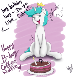 Size: 2500x2500 | Tagged: safe, artist:tonystorm12, imported from derpibooru, oc, oc:spark dash, ahegao, birthday cake, birthday gift, cake, enjoying, food, looking at you, open mouth