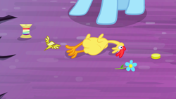 Size: 1440x810 | Tagged: safe, imported from derpibooru, screencap, boneless, rainbow dash, twilight's kingdom, bits, coin, flower, key, neon's bit, object, rainbow thread, rubber chicken, seabreeze's flower, wonderbolt badge