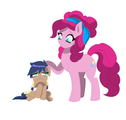 Size: 3483x3300 | Tagged: safe, artist:cmacx, imported from derpibooru, pinkie pie, oc, oc:apple danish, earth pony, pony, auntie pinkie, comforting, duo, female, filly, offspring, older, parent:applejack, parent:soarin', parents:soarinjack, pigtails, simple background, story in the source, teary eyes, twintails, white background