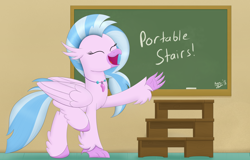 Size: 4700x3000 | Tagged: safe, artist:arcane-thunder, imported from derpibooru, silverstream, classical hippogriff, hippogriff, chalkboard, cute, diastreamies, digital art, eyes closed, female, folded wings, happy, high res, one hoof raised, open mouth, quadrupedal, raised hoof, solo, stairs, text, that hippogriff sure does love stairs, wings