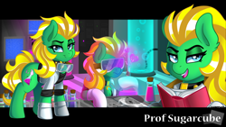 Size: 3840x2160 | Tagged: safe, artist:ciderpunk, imported from derpibooru, oc, oc only, oc:professor sugarcube, book, chemistry, female, laboratory, looking at you, solo