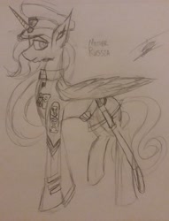 Size: 1280x1678 | Tagged: safe, artist:drawingwithapitoffriendship, imported from derpibooru, oc, oc only, alicorn, pony, clothes, female, hat, military, military uniform, nation ponies, pencil drawing, ponified, russian empire, solo, sword, traditional art, uniform, weapon