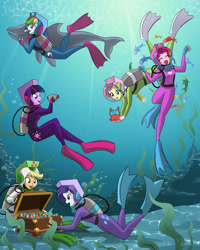 Size: 1800x2250 | Tagged: safe, artist:smeadows, imported from derpibooru, applejack, fluttershy, pinkie pie, rainbow dash, rarity, twilight sparkle, crab, dolphin, fish, equestria girls, bubble, camera, diving suit, female, humane five, humane six, jewels, lama scuba gear, scuba, scuba gear, seaweed, swimming, treasure, treasure chest, underwater, wetsuit