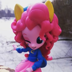 Size: 1080x1080 | Tagged: safe, artist:artofmagicpoland, artist:flanksyofficial, imported from derpibooru, pinkie pie, equestria girls, doll, equestria girls minis, female, forest, lake, solo, toy, winter