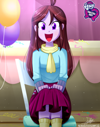 Size: 920x1160 | Tagged: safe, artist:the-butch-x, imported from derpibooru, part of a set, velvet sky, equestria girls, :d, background human, balloon, butch's hello, clothes, cute, equestria girls logo, female, hello x, looking at you, open mouth, scarf, sitting, skirt, smiling, solo