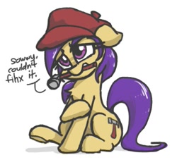 Size: 399x362 | Tagged: safe, artist:plunger, imported from derpibooru, earth pony, pony, /mlp/, chest fluff, description is relevant, dialogue, drawthread, female, floppy ears, hammer, hat, highly trained monkey, mare, mouth hold, ponified, request, simple background, sitting, solo, white background, youtube