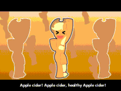 Size: 640x480 | Tagged: source needed, safe, artist:shadok123, imported from derpibooru, applejack, earth pony, pony, animated, cider, cowboy hat, dancing, eyes closed, female, hat, mare, solo, text, touhou