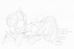 Size: 1024x680 | Tagged: safe, artist:thecloud96, imported from derpibooru, masked matter-horn, twilight sparkle, alicorn, pony, clothes, costume, eyes closed, female, goggles, mare, obtrusive watermark, outfit, power ponies, signature, sketch, sleeping, socks, solo, striped socks, traditional art, twilight sparkle (alicorn), watermark