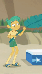 Size: 253x450 | Tagged: safe, imported from derpibooru, screencap, snails, equestria girls, equestria girls series, forgotten friendship, animated, clothes, cropped, feet, gif, legs, male, male nipples, nipples, partial nudity, sandals, shorts, smiling, solo, topless