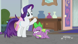 Size: 1920x1080 | Tagged: safe, imported from derpibooru, screencap, rarity, spike, dragon, pony, unicorn, school raze, bow, choking, duo, female, male, mare, messy tail, puffy cheeks, raised hoof, tail bow, winged spike, wings