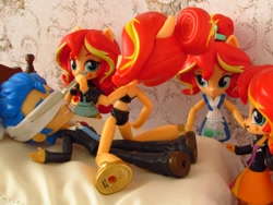 Size: 1800x1350 | Tagged: safe, artist:whatthehell!?, imported from derpibooru, flash sentry, sunset shimmer, equestria girls, bed, bedroom, bikini, black sports bra, clothes, doll, equestria girls minis, fall formal outfits, irl, knife, maid, merchandise, photo, ponied up, sacrifice, sandals, sports bra, suit, summer sunset, sunset sushi, swimsuit, toy, tuxedo