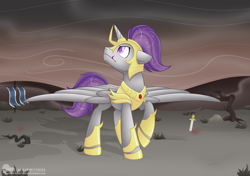 Size: 5069x3559 | Tagged: safe, artist:raspberrystudios, imported from derpibooru, oc, oc only, alicorn, alicorn oc, alternate timeline, armor, ashlands timeline, barren, guard, implied genocide, post-apocalyptic, scar, wasteland, wastelands