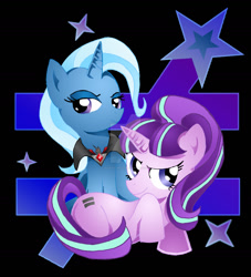 Size: 1280x1407 | Tagged: safe, artist:silverstarlet, imported from derpibooru, starlight glimmer, trixie, alicorn amulet, black background, duo, full body, happy, kubrick stare, lying down, prone, show accurate, simple background, sitting, smiling, smug, smuglight glimmer