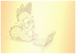 Size: 1042x737 | Tagged: safe, artist:sherwoodwhisper, imported from derpibooru, spike, dragon, claws, computer, disgusted, gradient background, laptop computer, male, nauseous, reaction image, sitting, solo, that's enough internet for today, traditional art
