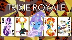 Size: 1024x576 | Tagged: safe, artist:dashiesparkle edit, artist:frownfactory, artist:jhayarr23, artist:lcpsycho, artist:rustle-rose, artist:twilightcomet, edit, imported from derpibooru, discord, starlight glimmer, sunburst, thorax, trixie, changedling, changeling, draconequus, pony, unicorn, card, clothes, clubs, diamonds, female, glowing horn, hat, heart, horn, joker, king thorax, magic, male, mare, one eye closed, stallion, telekinesis, wallpaper, wink