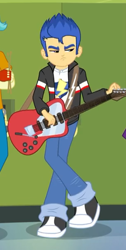 Size: 306x609 | Tagged: safe, imported from derpibooru, flash sentry, equestria girls, rainbow rocks, clothes, cropped, electric guitar, guitar, jacket, male, musical instrument, pants, shoes, sneakers, solo