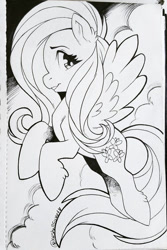 Size: 666x1000 | Tagged: safe, artist:shellsweet, imported from derpibooru, fluttershy, pegasus, pony, black and white, cloud, female, grayscale, inktober, inktober 2018, looking at you, looking sideways, mare, monochrome, profile, smiling, solo, spread wings, traditional art, wings