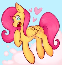 Size: 907x960 | Tagged: safe, artist:pepperpkmoncupcake, imported from derpibooru, fluttershy, pegasus, pony, cloud, female, folded wings, heart, hoof on chest, looking at you, mare, open mouth, smiling, solo, three quarter view, wings