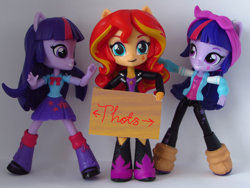 Size: 1198x900 | Tagged: safe, anonymous editor, artist:whatthehell!?, edit, edited edit, imported from derpibooru, sunset shimmer, twilight sparkle, equestria girls, doll, eqg minis sunset's sign, equestria girls minis, eqventures of the minis, female, irl, photo, self ponidox, sign, thot, toy