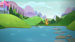 Size: 1280x720 | Tagged: safe, imported from derpibooru, screencap, smolder, dragon, father knows beast, bouncing, dragoness, female, outdoors, pond, rock, rock throwing, school of friendship, skipping stones, solo, stepping stones, throwing, throwing rocks, water