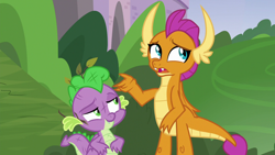 Size: 1280x720 | Tagged: safe, imported from derpibooru, screencap, smolder, spike, dragon, father knows beast, dragoness, duo, female, male, messy, raised arm, twig, winged spike, wings