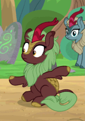 Size: 723x1026 | Tagged: safe, imported from derpibooru, screencap, cinder glow, sparkling brook, summer flare, kirin, sounds of silence, animated, background kirin, charades, cinderbetes, cloven hooves, club can't handle me, cropped, cute, duo, female, flailing, frown, gif, hooves, leg fluff, noodle arms, silly, sitting, the club can't even handle me right now, wide eyes