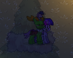 Size: 487x390 | Tagged: safe, imported from derpibooru, thorax, twilight sparkle, alicorn, changedling, changeling, pony, pony town, antlers, female, grass, king thorax, kissing, male, plushie, shipping, shocked, shocked expression, straight, tree, twilight sparkle (alicorn), twirax